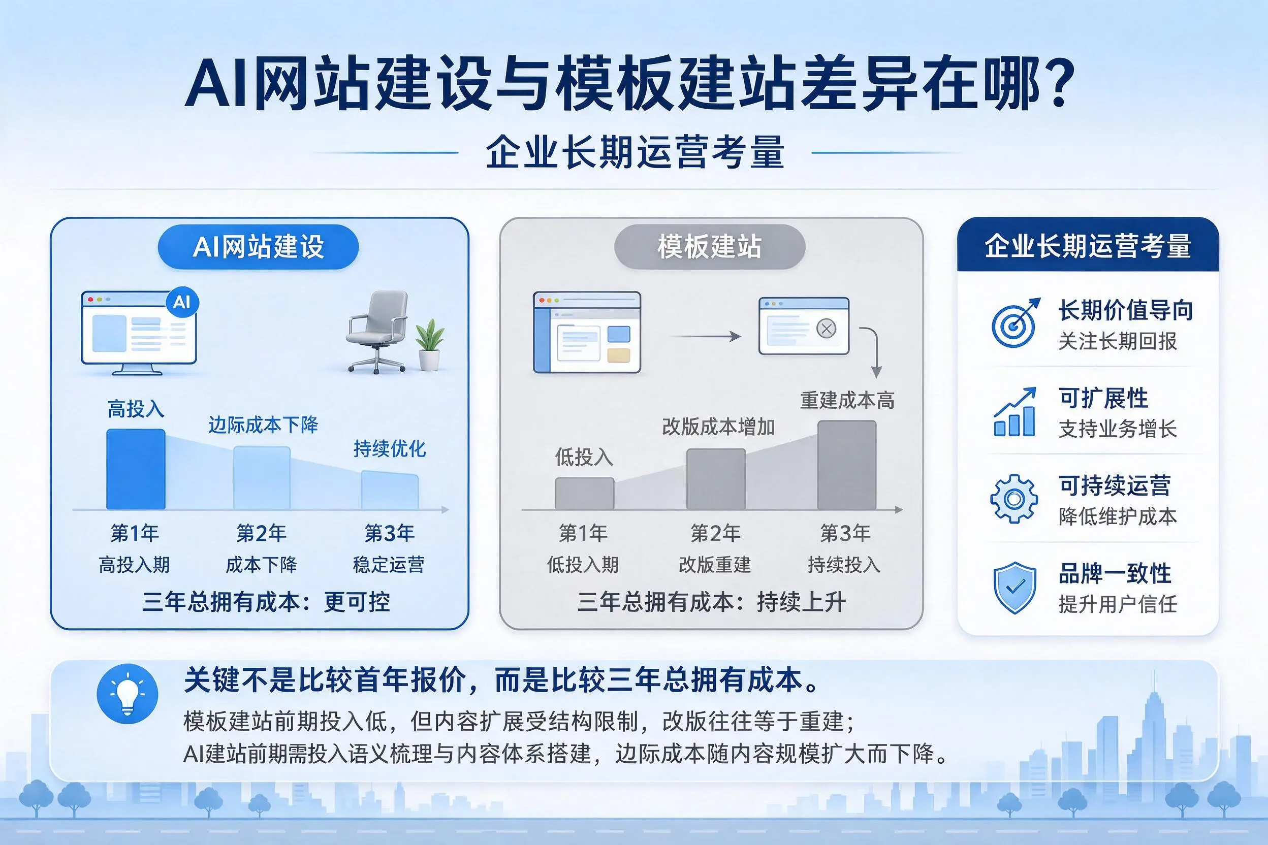 AI网站建设与模板建站差异在哪?资阳企业长期运营考量